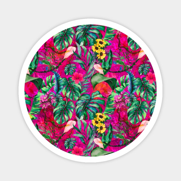 Cute tropical floral leaves botanical illustration, tropical plants,leaves and flowers, hot pink fuchsia leaves pattern Magnet by Zeinab taha